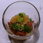 じどりや 穏座 - 雄鶏の肝・心臓、雌鶏のささ身のカルパッチョ