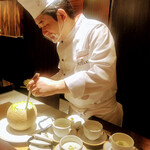 GINZA JOTAKI - 自家製杏仁豆腐にココナッツミルクとメロンをかけて