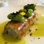 ラルジャン - 和歌山県産舌平目　ホタテのムース　パイ包み焼き　そら豆　ウイキョウのピュレ　パセリのブールブランソース