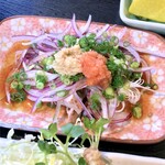 十八番 - 鰹の土佐造りと下足ちくわ天定食。¥850。