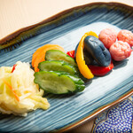 Assorted pickles with Araki's handmade rice bran pickles