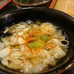 錦水 - 蕎麦湯を注ぎ薬味の葱&タヌキを浮かべ一味唐辛子をふる…うまいなぁ