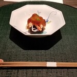 菅井 - 【先付】蟹あん肝黒酢ジュレ花豆玉葱のソース