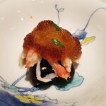 菅井 - 【先付】蟹あん肝黒酢ジュレ花豆玉葱のソース