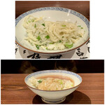 たでの葉 - 筍と芹の土鍋ご飯　上はそのままで　下はツキノワグマをしゃぶしゃぶしたスッポンのスープにとろみを付けて、餡かけご飯でいただきました。