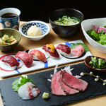 [Lunch] 2 people ~ ◇ 5 pieces of meat sushi, domestic beef roast beef, etc. [Lunch limited meat sushi mini kaiseki] 13 dishes