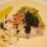 フォリオリーナ・デッラ・ポルタ・フォルトゥーナ - ルバーブとペコリーノチーズの冷たいスープ：サルビアの香り　スパイス風味のカサゴ添え　(2012/09)