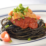Sea urchin, tomato, squid ink spaghetti