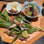 おおたに - 八寸～稚鮎塩焼き、宮崎牛すき煮、蛍いか醤油焼き、ジャガ芋ハリハリ、モッツァレラチーズ味噌漬け