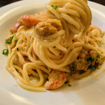 両国 レガート - 生ウニとズワイガニ　真河豚白子のペペロンチーノ
      こちらは浅草開化楼のカラヒグ麺使用です