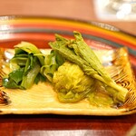 Shigeyuki - 精進八寸の”イタドリ” と ”蕗の薹” と ”アマドコロ” と ”野萱草(ノカンゾウ)”