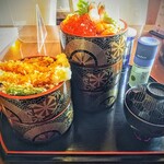 錦鮨 - 昇龍の塔！お重から溢れているので五重塔一本に出来なさそう。裏に粉山椒とミル山椒有り（使わなかった）