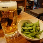 元祖 台湾もつ鍋 仁 - 生ビール+枝豆