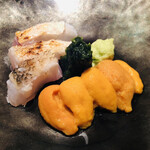 神楽坂 石かわ - 甘鯛の炙り　出汁の漬け　北海道函館の紫ウニ　青海苔　山葵