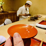 富小路 やま岸 - ◎最初に食前酒が振る舞われる。
      ☆日本酒　澤屋まつもと（京都伏見 松本酒造）