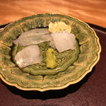 馳走 啐啄一十  - 1時から時計回りに皮剥肝、泥障烏賊、真子鰈、皮剥の4種からスタート(^O^)／