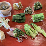 たでの葉 - 山菜の八寸
      ◆蕨のお浸し
      ◆キャラブキ
      ◆アケビの新芽の胡麻和え
      ◆葉わさび
      ◆タラの芽の白和
      ◆ユキザサ
      ◆うるいのお浸し
      ◆イタドリの新芽の西京漬け
      ◆蛍烏賊に行者ニンニク
      ◆コシアブラ
      ◆シャク