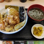 Tendon Tempura Hompo Santen - 野菜天丼 かき天追加　焼バラ海苔のみそ汁