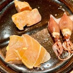 鮨 はしもと - 2021.4.  鮟肝・蛍烏賊の味噌漬け・真加治木の生ハム