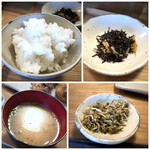 Futsuu No Izakaya - ◆ご飯は大きな釜で炊かれ、普通に美味しい。お代わり可能。 ◆あらめの煮物 ◆しらす入りふりかけ ◆お味噌汁は大根など具沢山で、いい味わい。
