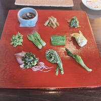 たでの葉 - 山菜の八寸（ワラビ ・キャラブキ ・葉わさびの醬油漬け ・花山椒（蕎麦に付けて食べる） ・コシアブラ ・ウルイ ・イタドリの新芽の西京漬け ・ホタルイカ ギョウジャニンニクのせ ・コゴミの胡麻和え ・シャク）