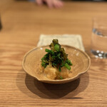 すし処 ひさ田 - 煮帆立、辛子酢味噌、花山葵、菜の花