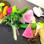 Cle4 - 野菜[長芋、芽ｷｬﾍﾞﾂ、ﾌﾞﾛｯｺﾘｰ、紅しぐれ、ﾏｰﾒﾗｽ
      　　　紫ｷｬﾍﾞﾂ、山人参、ﾗﾃﾞｨｯｼｭ、
      　　　こしあぶらのﾀｯﾌﾟﾅｰﾄﾞ、胡麻油のﾊﾟｳﾀﾞｰ]