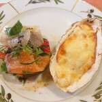 茜 - 牡蠣のグラタン、サーモンのマリネ、鯛の昆布締め、サラダ