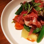 ヴィア・デル・エンメ - なめらかな舌触りのプロシュートやクッキリ強い旨味のコッパ、ルッコラやエンダイブにピンク色の紅くるり、メロゴールドの果実や甘酸っぱいブラッドオレンジのソースがマッチ