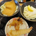 こがね製麺所  - 醤油うどん(小）＋かけうどん(小)＋あげ＋えび天＋いいタコ天