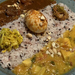 Tirupati - タケノコのダルカレーとチェティナードチキンの2種あいがけに、エッグアチャール（スパイス漬け半熟卵）追加