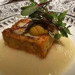 La maison du caviar 17℃ - 走水酸化タチウオと富山県産桜エビの温製テリーヌ、新玉ねぎのピューレ、北海道産ウニ