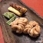 御料理 寺沢 - くもことﾎﾜｲﾄｱｽﾊﾟﾗ焼とｺｺﾞﾐ胡桃和え