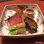 御料理 寺沢 - 鮑､子持ち昆布､一寸豆､いわて牛炭火焼､稚鮎ﾌﾗｲ､ﾎﾞﾀﾝ海老の海鼠腸和え､鮎魚女味噌幽庵焼