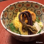 御料理 寺沢 - 白魚玉締めに蕨とﾊﾞﾌﾝ海胆