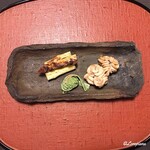 御料理 寺沢 - くもことﾎﾜｲﾄｱｽﾊﾟﾗ焼とｺｺﾞﾐ胡桃和え