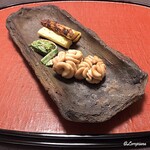 御料理 寺沢 - くもことﾎﾜｲﾄｱｽﾊﾟﾗ焼とｺｺﾞﾐ胡桃和え