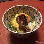 御料理 寺沢 - 白魚玉締めに蕨とﾊﾞﾌﾝ海胆