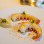 レストラン オオツ - 2021.5 駿河湾アカザエビ（手長海老）ポワレ オレンジのソース フヌイユのピュレ クレソンの花