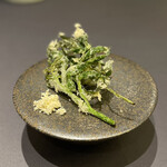 プレゼンテ スギ - 海と山の出会い
      佐倉産にわとこの木新芽フリット 赤烏賊と青トマト ふきのとうピクルス 市原産三年もの山わさび