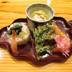 玄斎 - 八寸～翡翠茄子の衣掛大豆 筍とフキが入った寿司 よもぎ揚げ 川津海老の唐揚げ