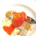 La Brianza - ほうれん草とマスカルポーネのラビオリトリュフグラタンサマートリュフ。田中農園の健康玉子、黄身色があらためて濃いわ～ コクがあって味わいも濃いのよ～＼(^-^)／