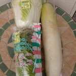 食の駅 - 所沢のお野菜たち
            この無農薬の大根は中サイズの白菜のたて並べと同じくらいの特大！規格外こそこういった店の醍醐味。