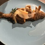osteria Nori - 鳳来鱒。私のお皿をピンボケさせてしまっていて、相方のお皿のものをのせました。向き失礼^_^;