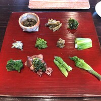 たでの葉 - 山菜盛り合わせ（左上から蕨のたたき、伽羅蕗、葉山葵の醤油漬け、中央左からあけびの新芽の白和え、花山椒のお浸し、蕗味噌、うるいのお浸し、左下からぼんなのお浸し、蛍烏賊 + 行者にんにく、漉油、杓）