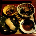 Koshokudou Mizukiicchoume - 前菜(平目の握り、クレソンのお浸し、つぶ貝)
