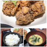 Yakitori Yasubee - ◆唐揚げアップ。 ◆ご飯の質は普通。大盛り無料のようです。 ◆お味噌汁は量も少なく、ずっと温められているのか煮詰まっていましたので、残しました。