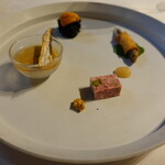 四間道レストランMATSUURA - アミューズ(豚肉パテ、稚鮎、うに、牛蒡のムース)