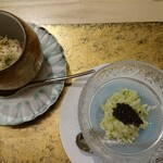 北野坂 木下 - お米サラダは、毛蟹赤酢飯(左)と豆ご飯キャビア(右)。