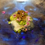 鈴田式 - 北海道の障泥烏賊とうすい豆、上に燻製キャビア